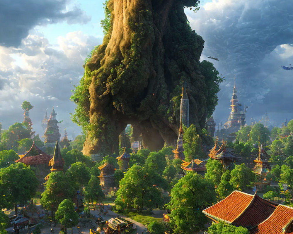 Ancient tree overlooking temple landscape under dramatic sky