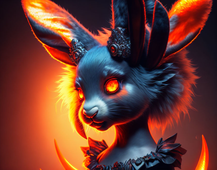Fantastical rabbit-headed creature with glowing eyes and ornate headgear on fiery orange background