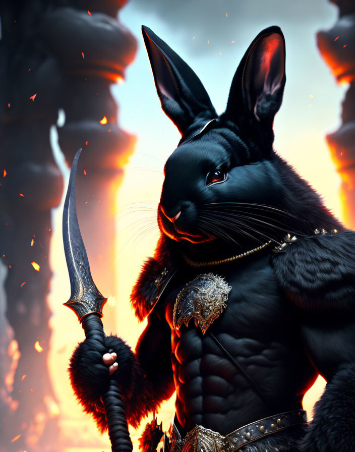 Anthropomorphic black rabbit in armor with dagger amid fiery explosions