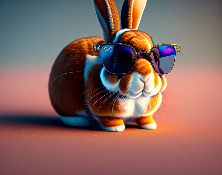 Stylized orange and white rabbit with big eyes and purple sunglasses on blue background