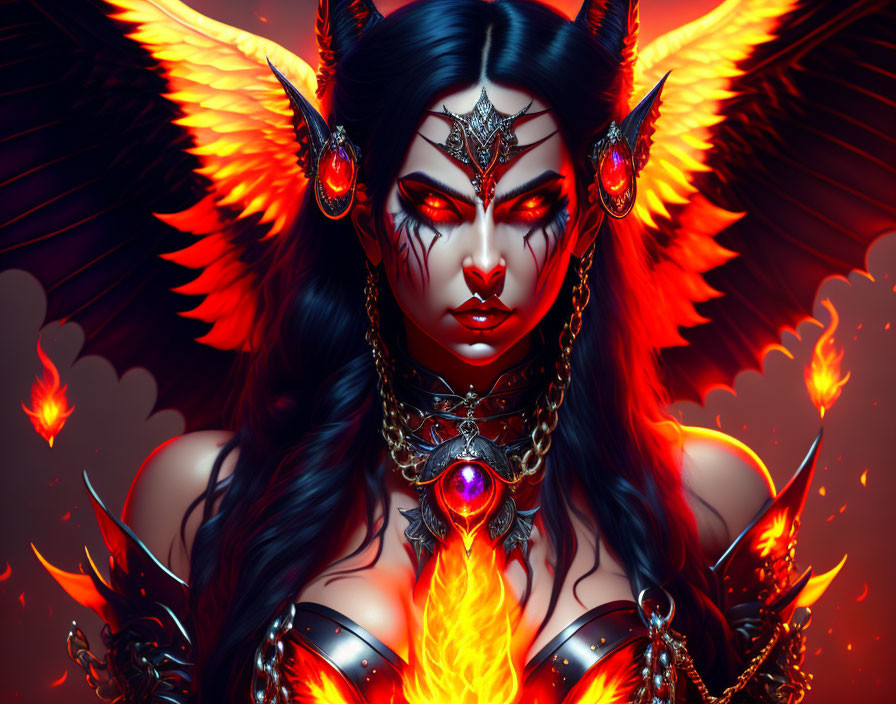 Fantasy illustration of fierce woman with dark hair, red eyes, horns, fiery wings, intricate jewelry