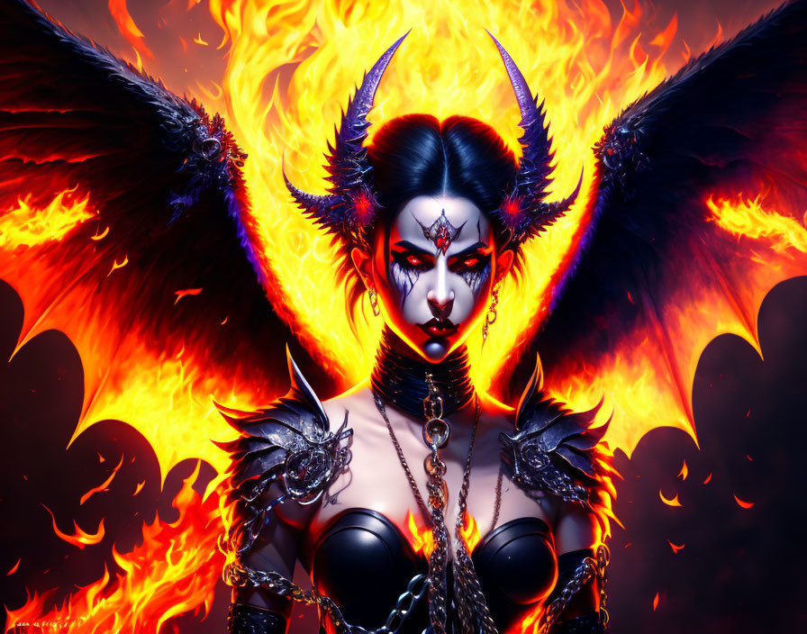 Dark fantasy figure with makeup, horns, and wings against fiery backdrop