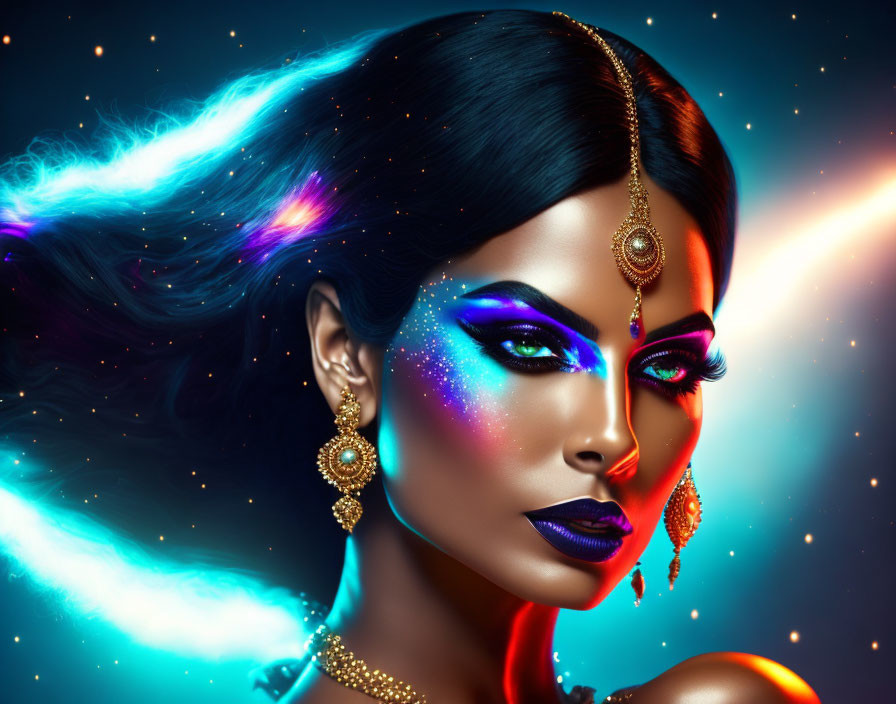 Cosmic-themed makeup on woman with flowing hair and traditional jewelry.