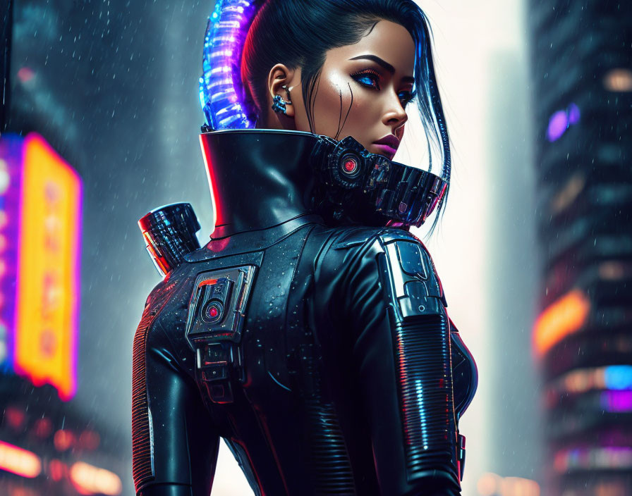 Futuristic woman with cybernetic enhancements in neon-lit cityscape