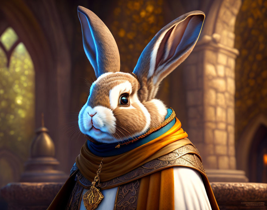 Regal anthropomorphic rabbit in medieval attire in ornate gothic chamber