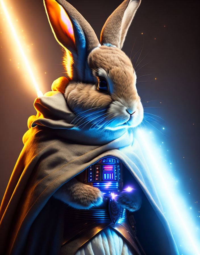 Anthropomorphic rabbit in Jedi costume with lightsaber and sci-fi setting.