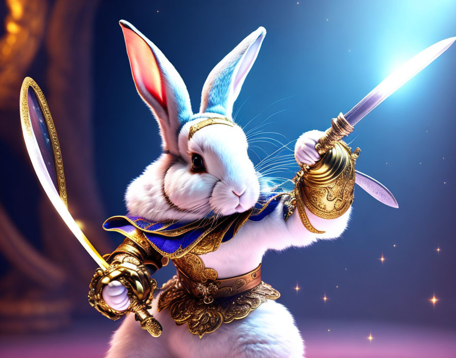 White Rabbit in Golden Armor Wielding Sword in Mystical Scene