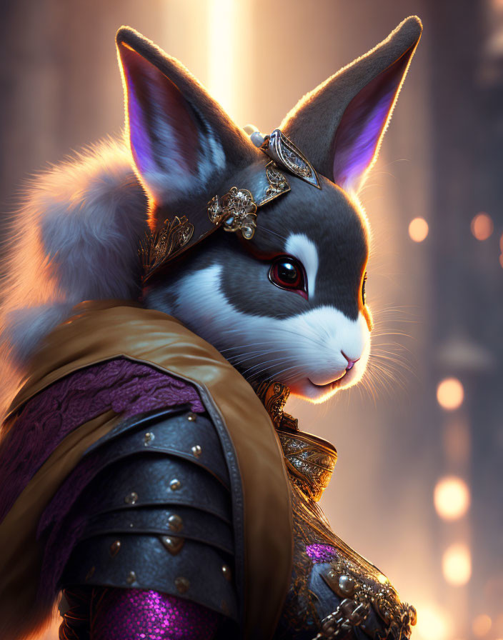 Regal fantasy rabbit in golden armor and crown on warm backdrop