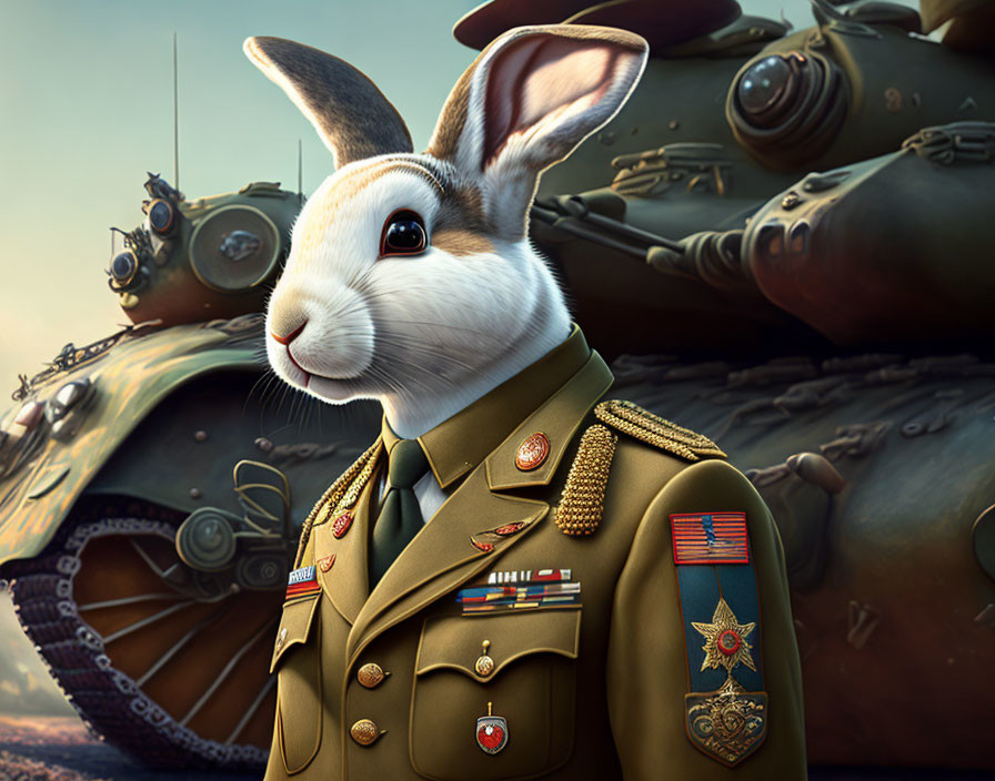 Digital artwork: Rabbit in military uniform with medals by tank under dramatic sky