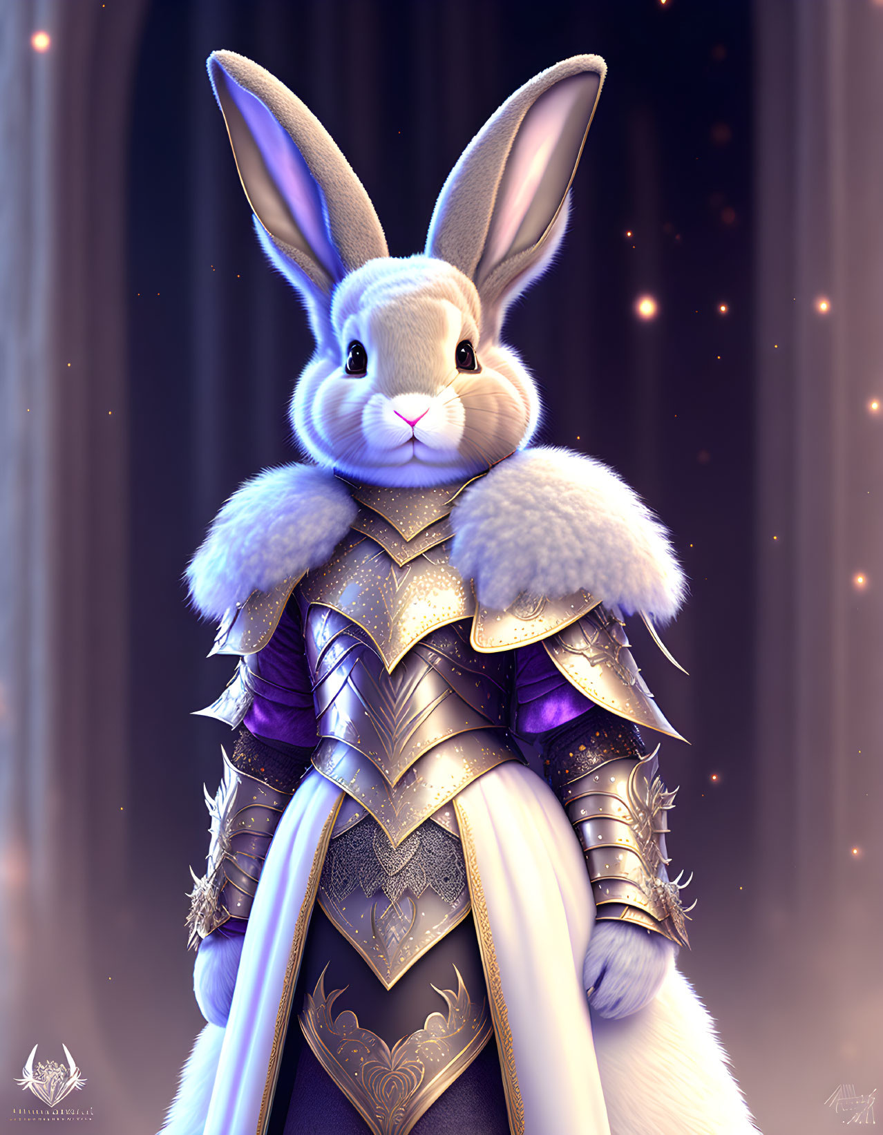 Anthropomorphic rabbit in medieval armor on mystical backdrop