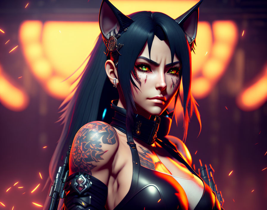 Female character with cat ears, yellow eyes, tattooed arm, edgy outfit against fiery backdrop.