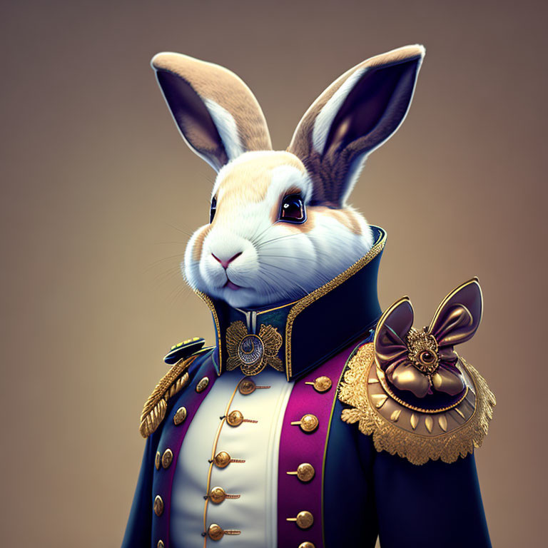 Regal anthropomorphic rabbit in navy and gold military attire