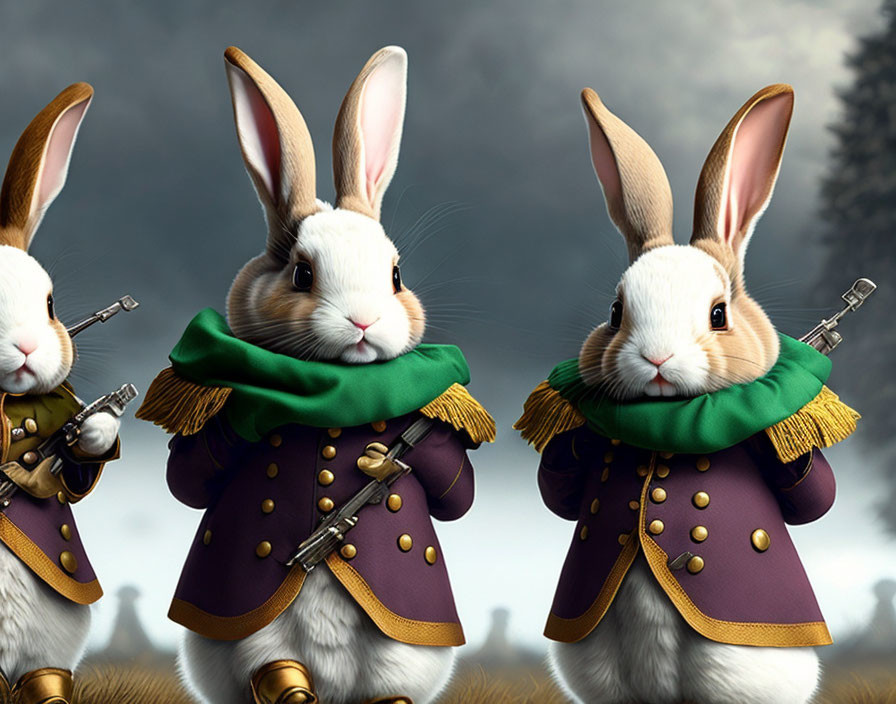 Anthropomorphic rabbits in military uniforms with rifles under cloudy sky