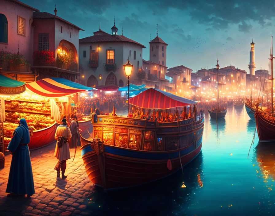 Night Market by Tranquil Harbor: Boats, Lanterns & Stalls