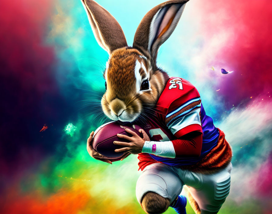 Anthropomorphic bunny in football uniform with ball on vibrant background