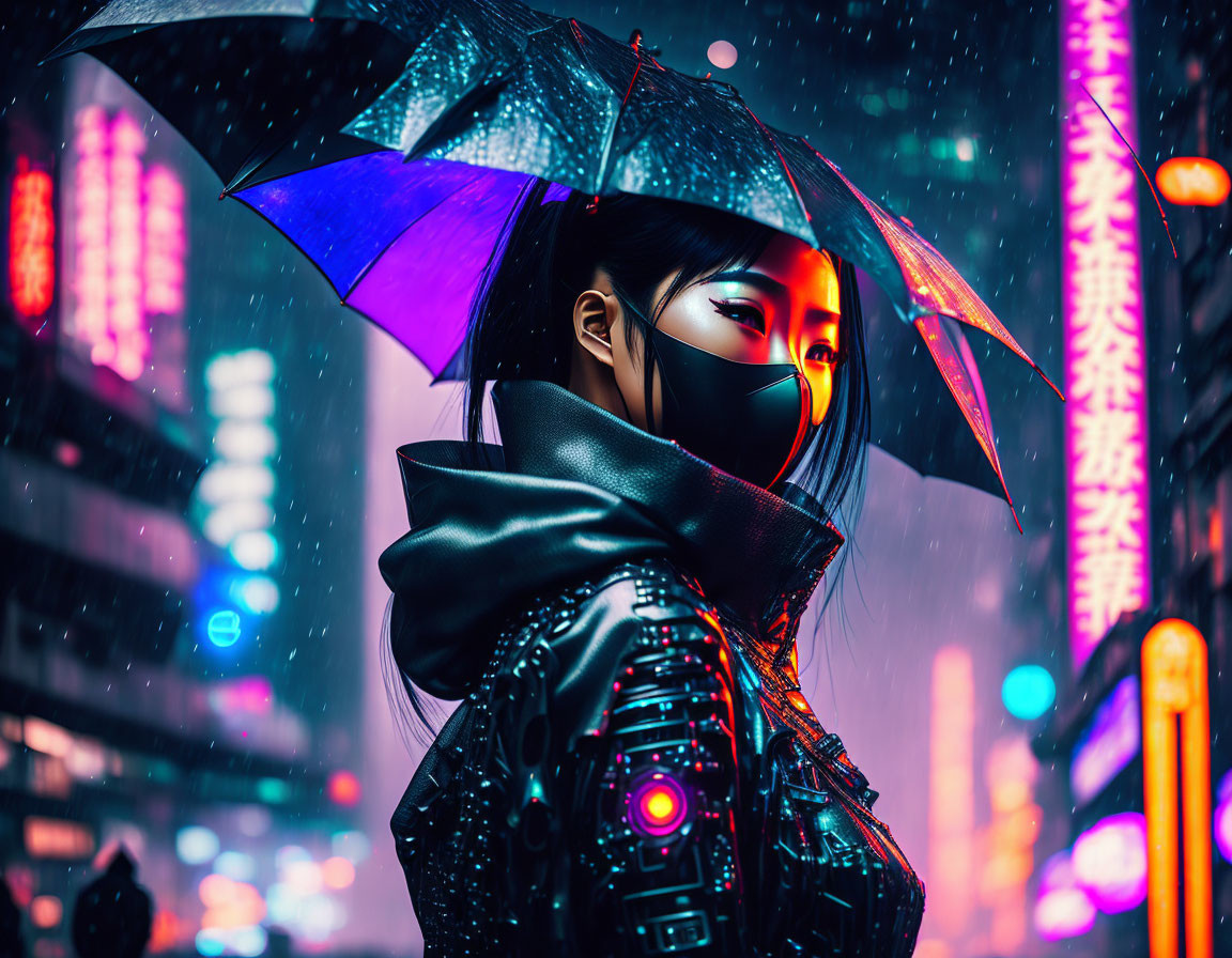 Futuristic cyberpunk person with umbrella in neon-lit city rain