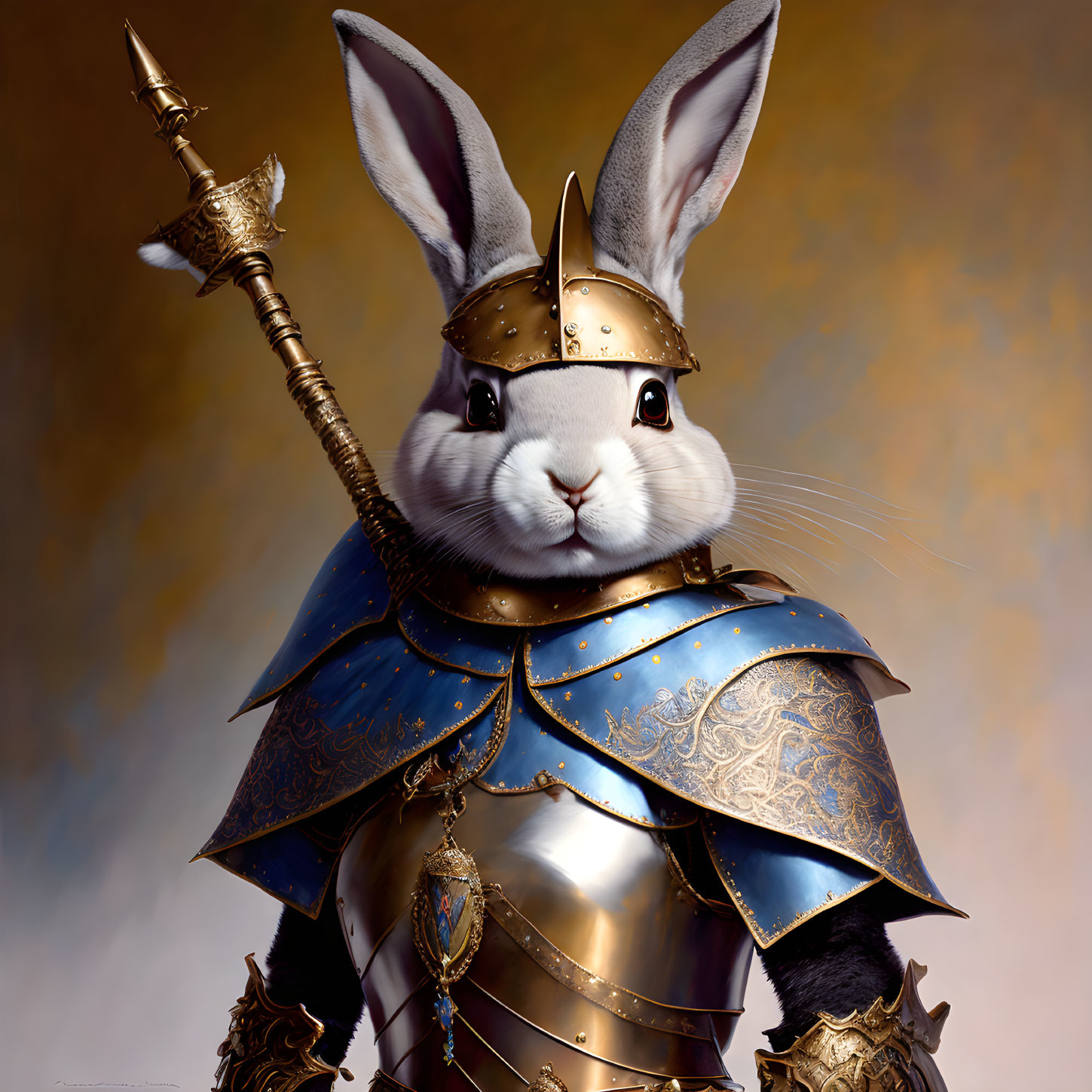 Anthropomorphic Rabbit in Medieval Armor with Spear on Golden-Brown Background