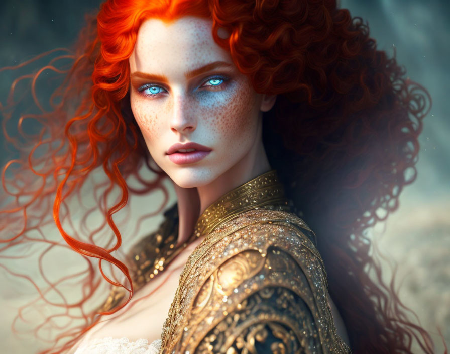 Digital artwork featuring woman with red hair, blue eyes, freckles, and gold attire