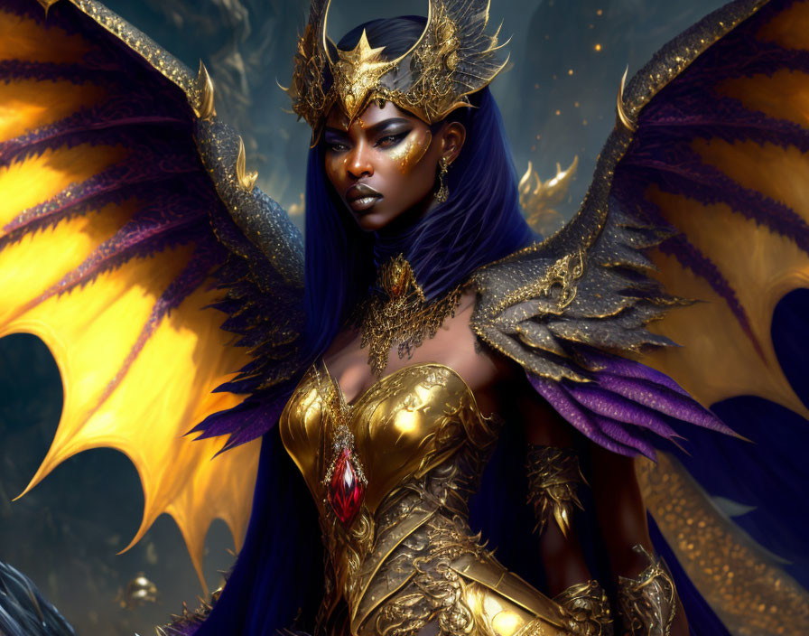 Purple-skinned figure in golden armor with fiery wings and ornate crown