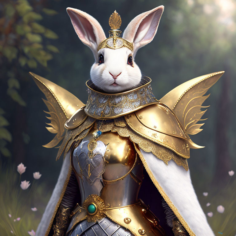 Ornate armor-clad rabbit in sunlit forest clearing