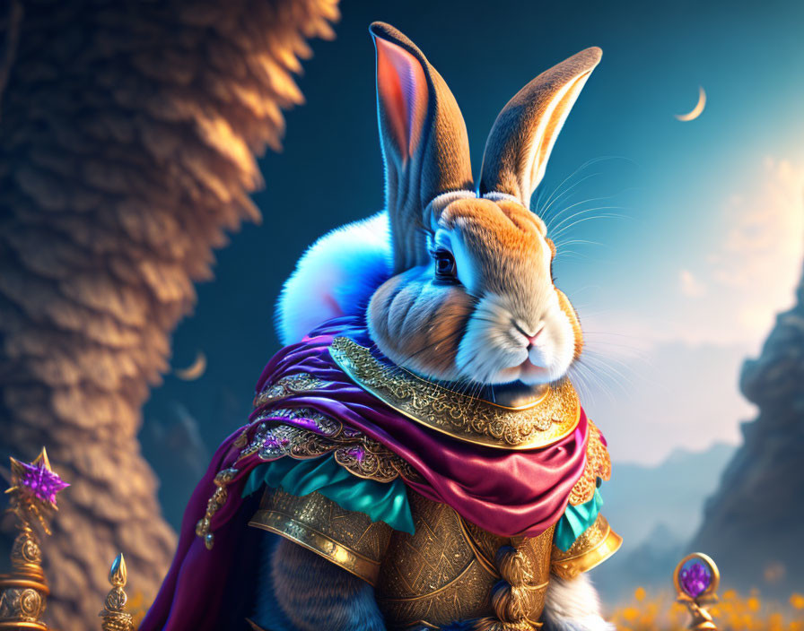 Regal rabbit in ornate armor under crescent moon in mystical twilight landscape