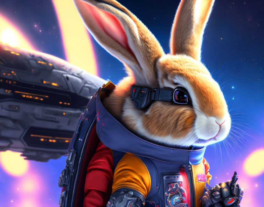 Space-themed artwork: heroic rabbit in spacesuit with spaceship and colorful nebula.