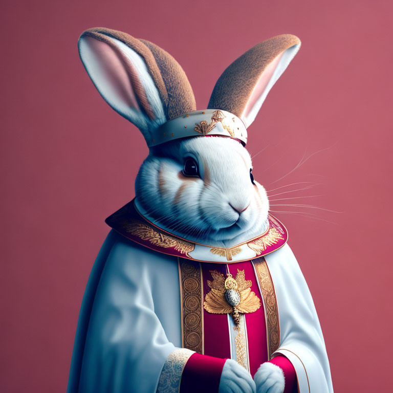 Ornately dressed anthropomorphic rabbit in regal attire on pink background