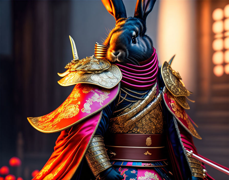 Detailed digital illustration: Anthropomorphic rabbit in Japanese samurai armor with katana, temple backdrop