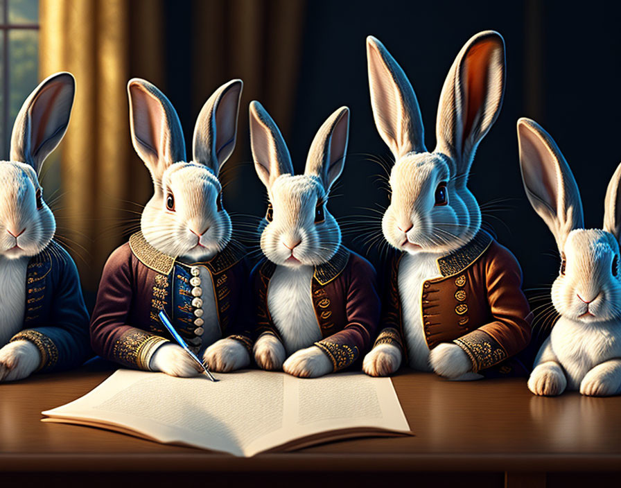 Anthropomorphic rabbits in historical uniforms at a scholarly meeting