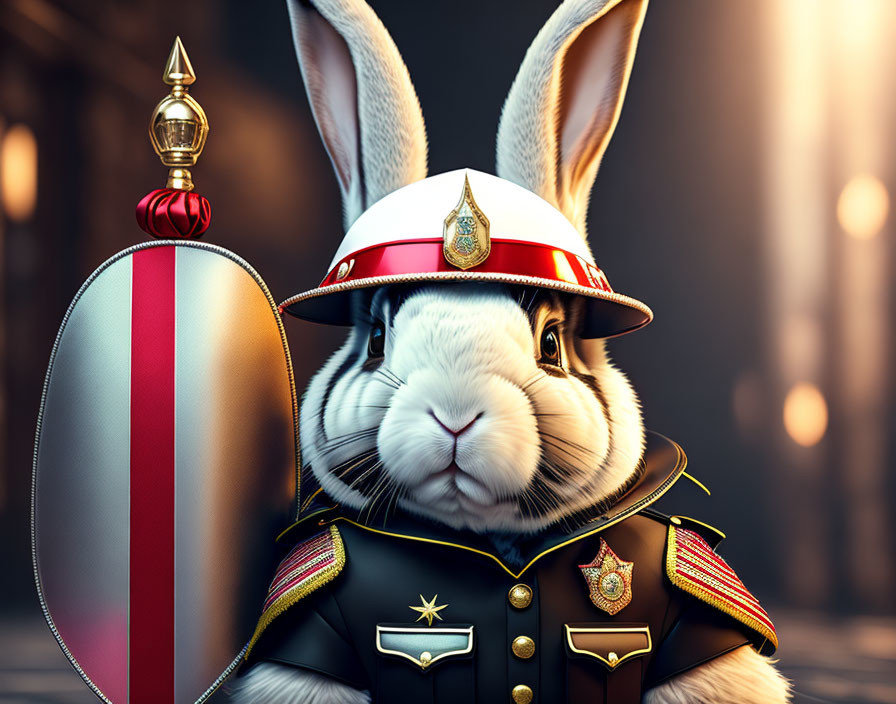 Anthropomorphic rabbit in ornate military uniform with shield and helmet