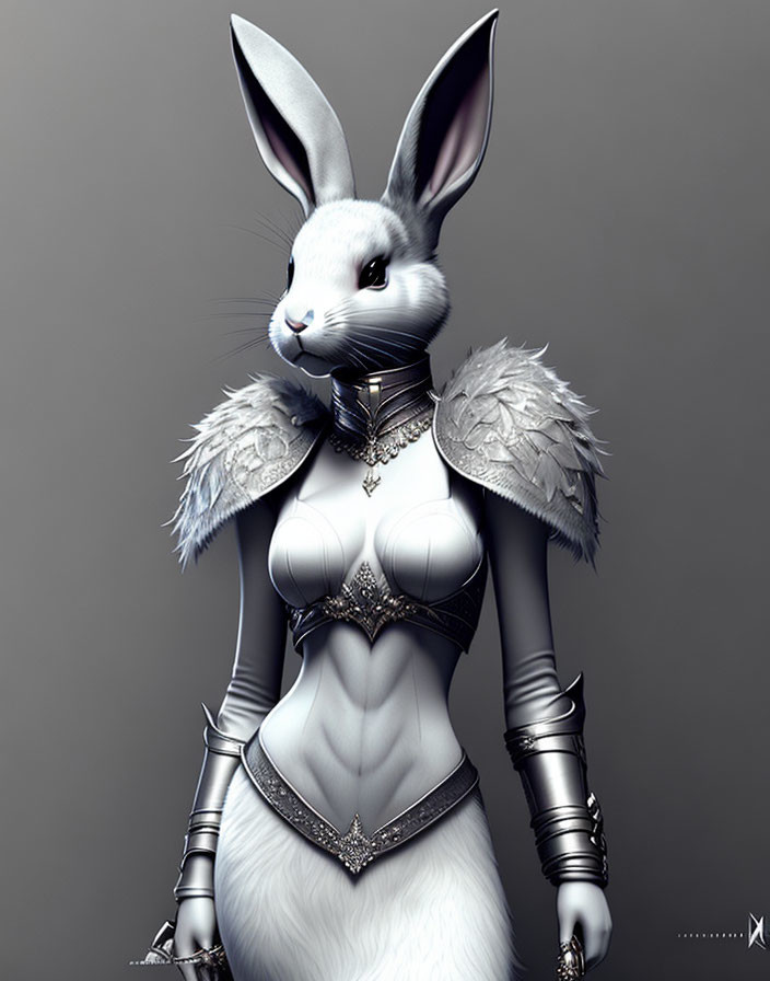 Anthropomorphic female rabbit in ornate armor with realistic fur texture