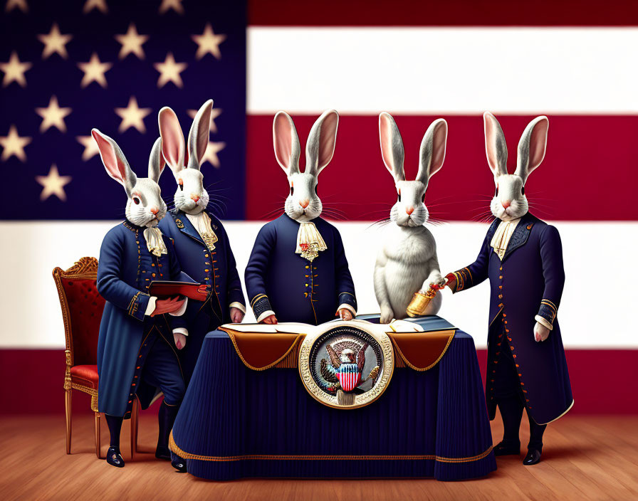 Four Rabbits in American Historical Attire with Presidential Seal and US Flag