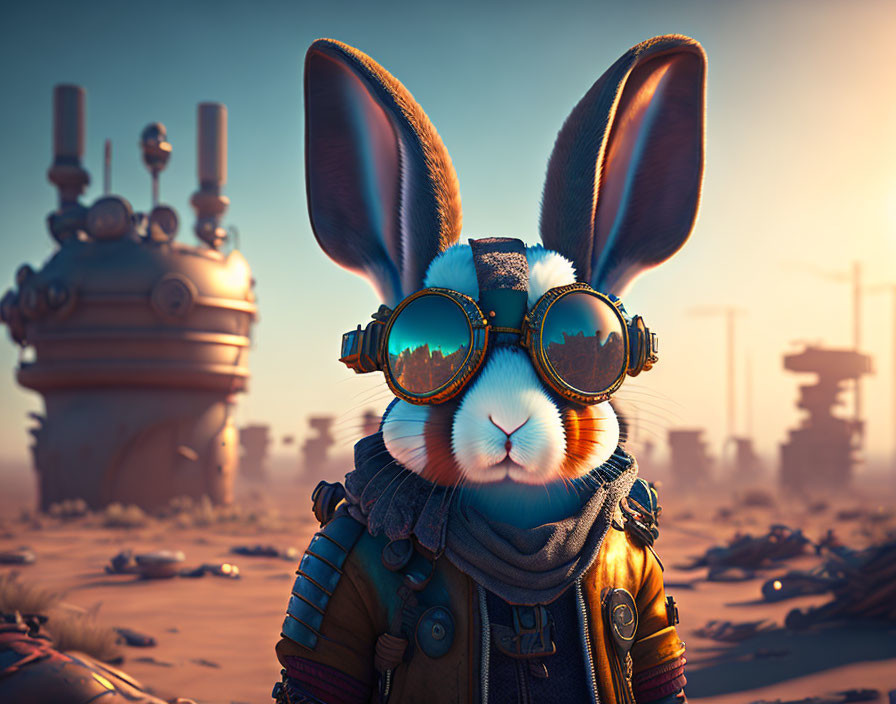 Anthropomorphic rabbit with goggles and gear in steampunk setting