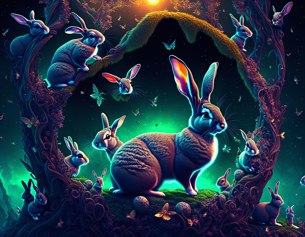 Fantasy illustration of rabbits in enchanted forest with glowing plants