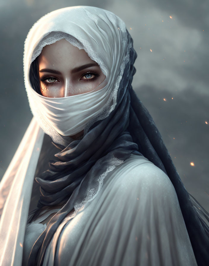 Digital artwork featuring person with striking blue eyes and white & gray headscarf on soft glowing background