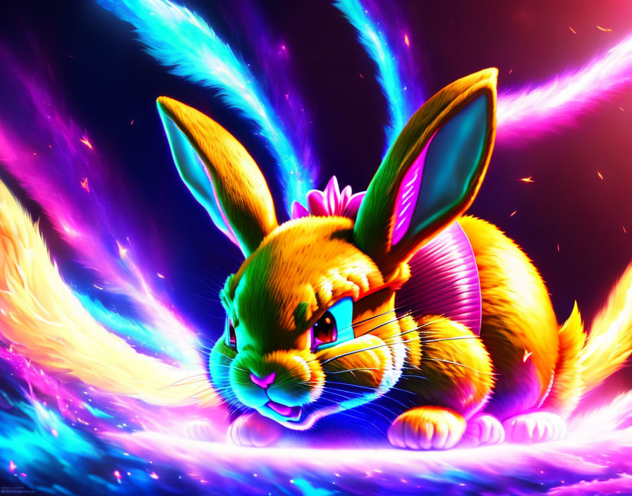 Colorful digital artwork: neon-lit rabbit in cosmic setting