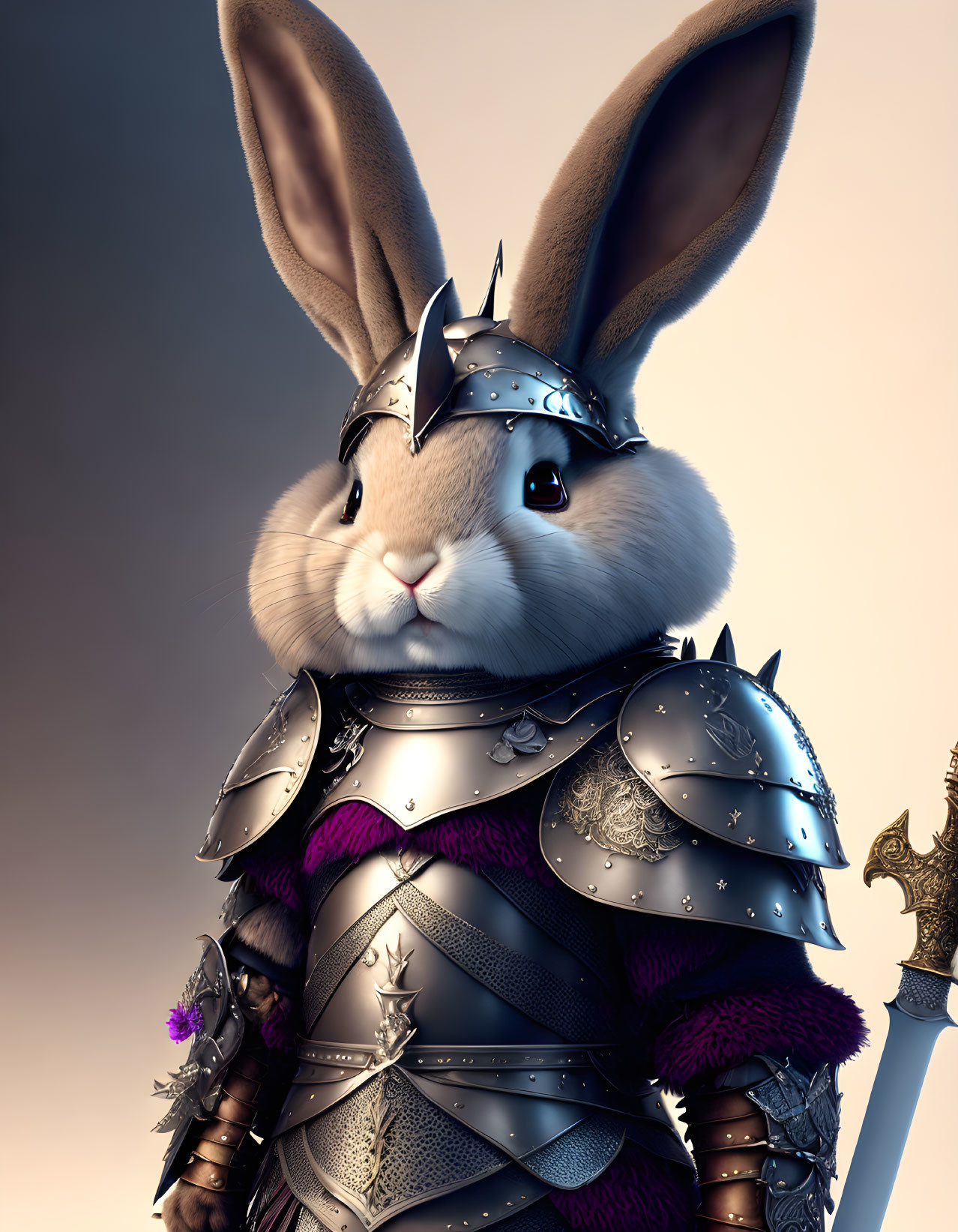 Detailed Silver Armor Adorned Rabbit Knight Ready for Battle