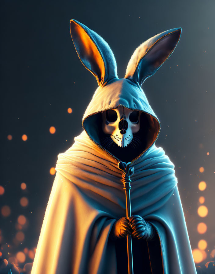 Surreal image of skull-faced figure with rabbit-like ears and staff against ember backdrop