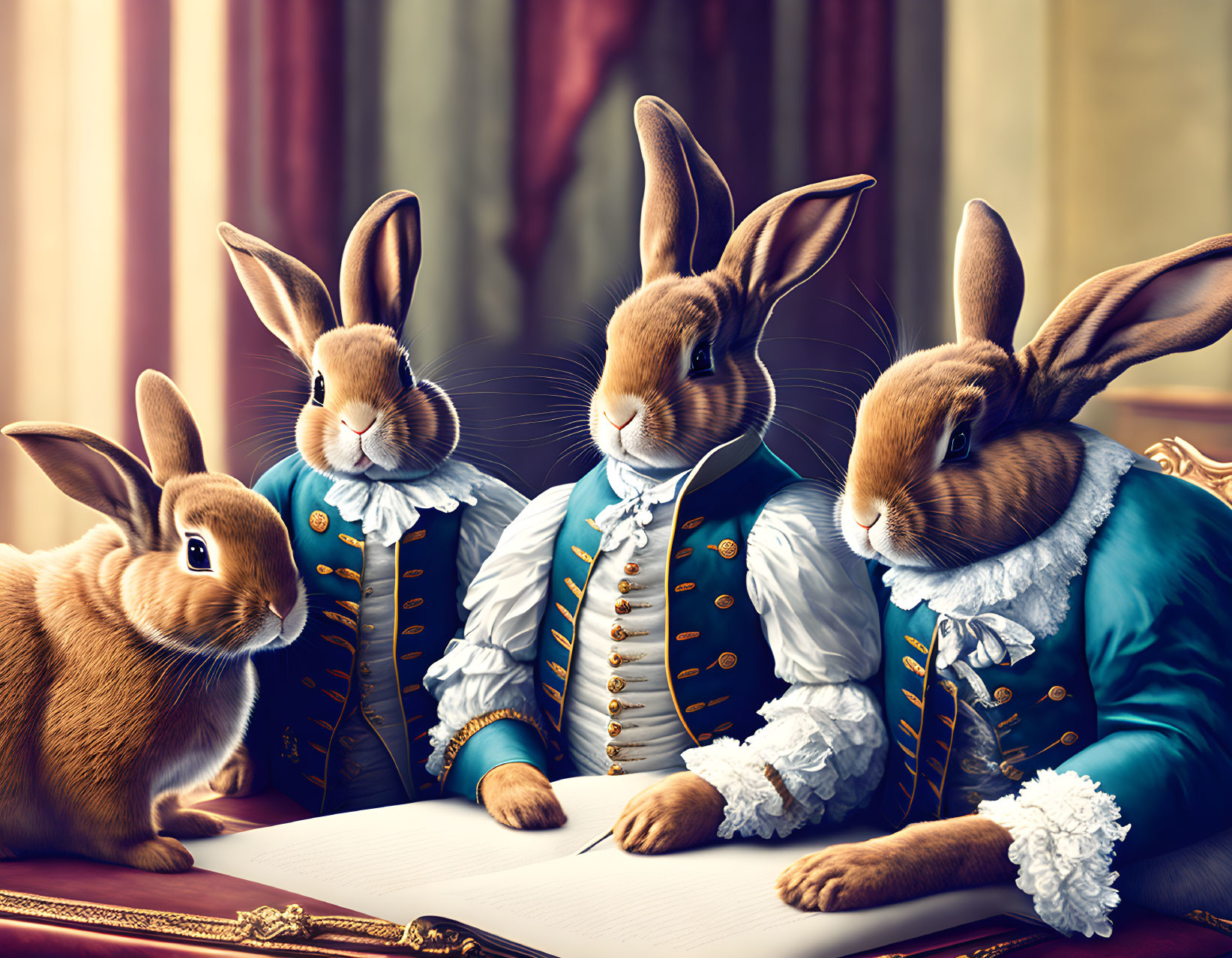 Anthropomorphic rabbits in 18th-century attire with quill pen and open book.