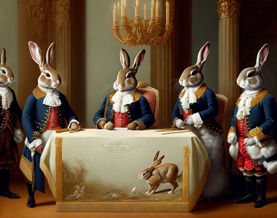 Anthropomorphic rabbits in 18th-century attire signing a document in a classical room