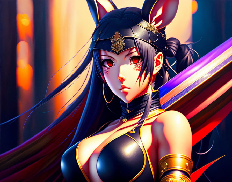 Female character with black bunny ears and red eyes in gold and black attire on red backdrop