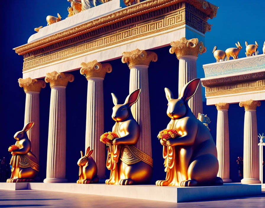 Golden Rabbit Statues with Bouquet in Front of Classical Columns under Blue Sky