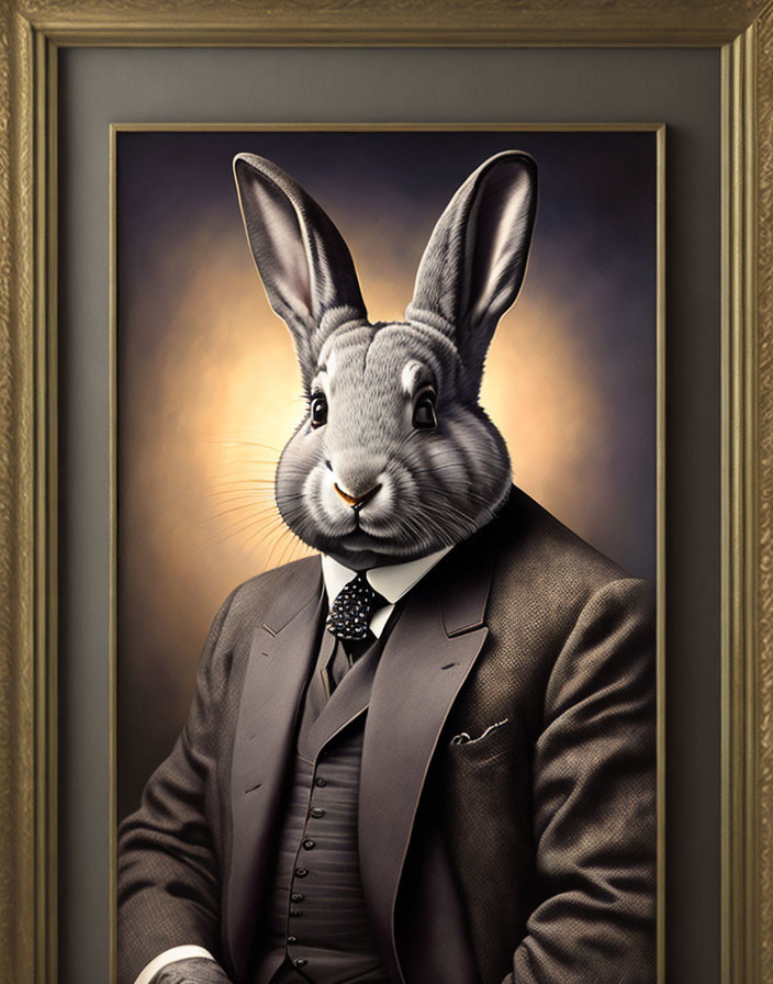 Anthropomorphic rabbit portrait in formal attire against golden sunset backdrop