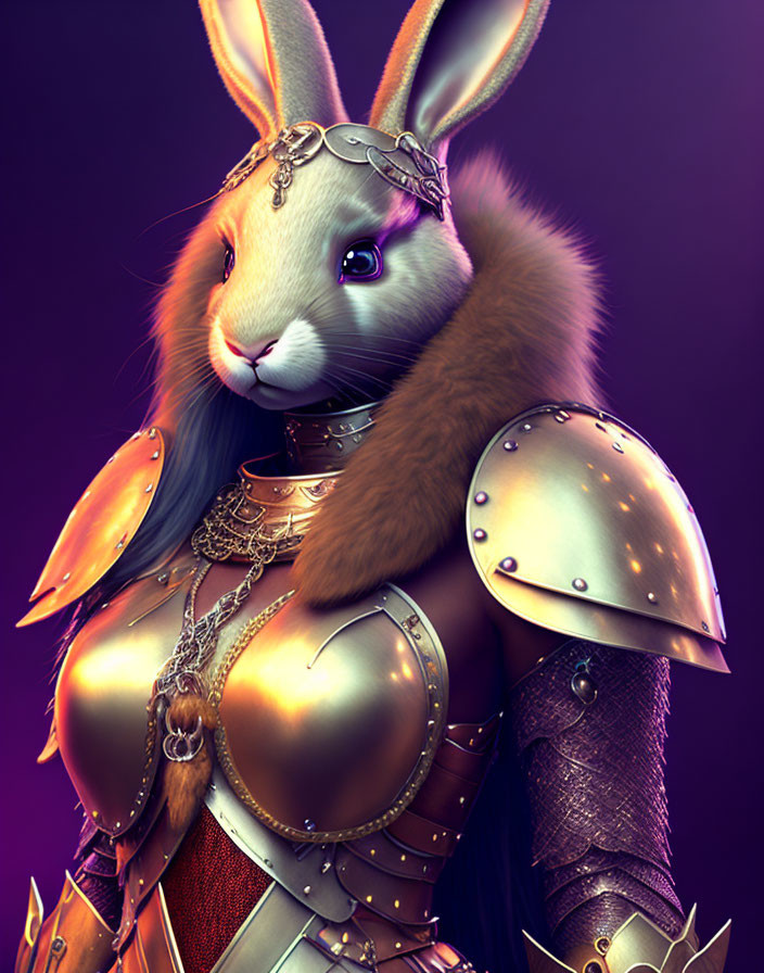 Anthropomorphic rabbit in ornate armor on purple background