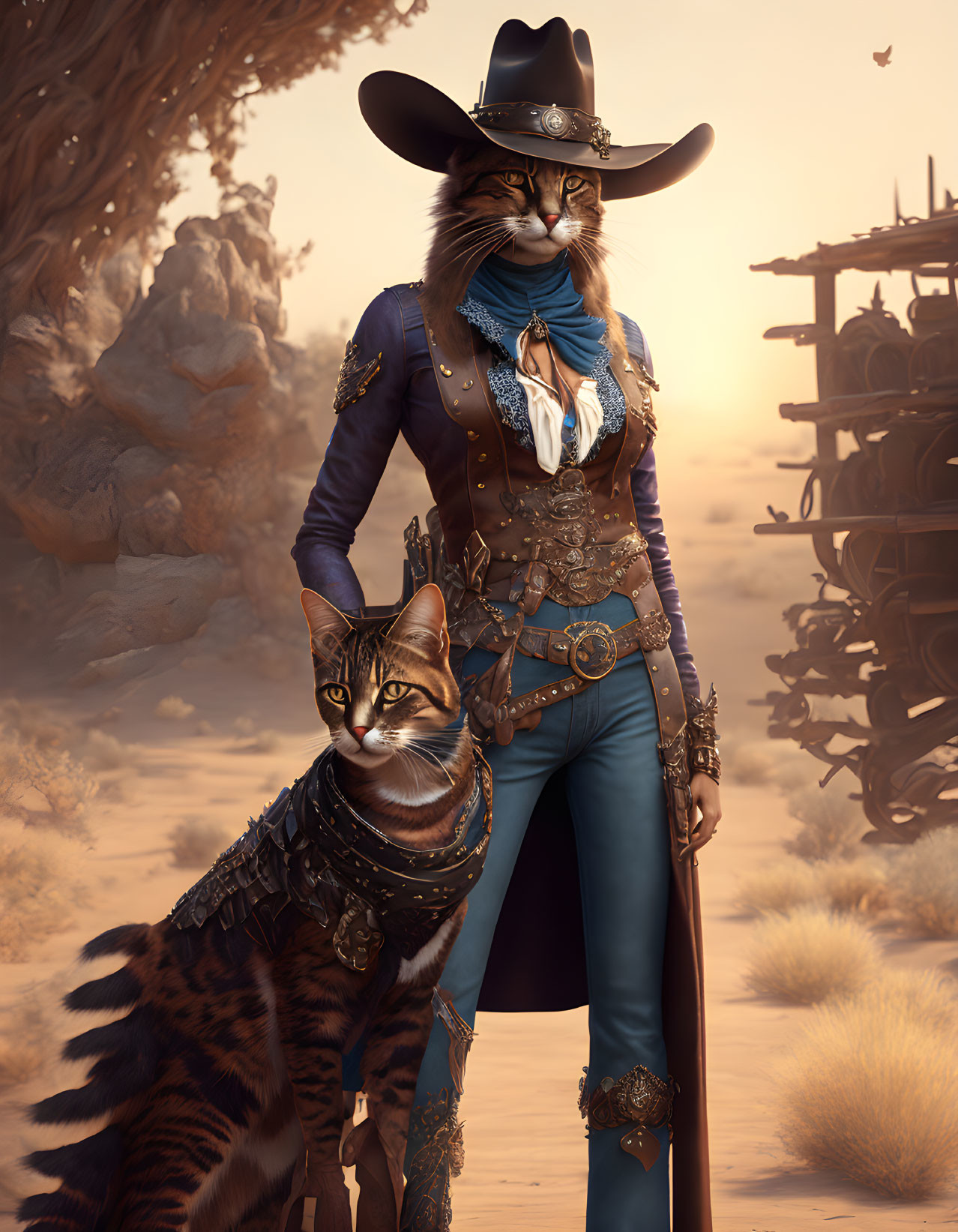 Anthropomorphic cats in western attire with steampunk vehicle in desert