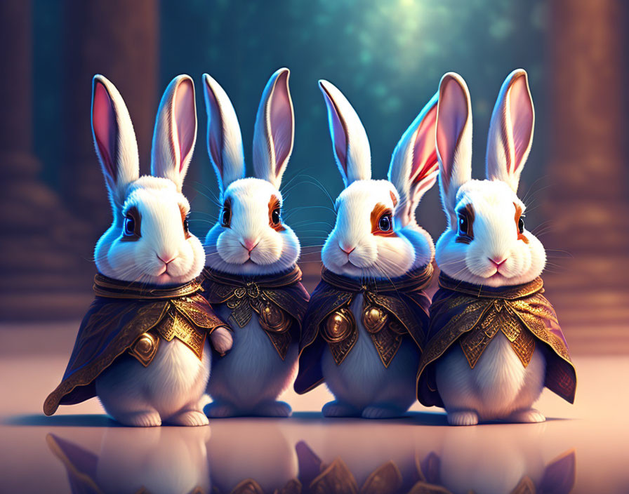 Four anthropomorphic rabbits in armor with mystical forest background