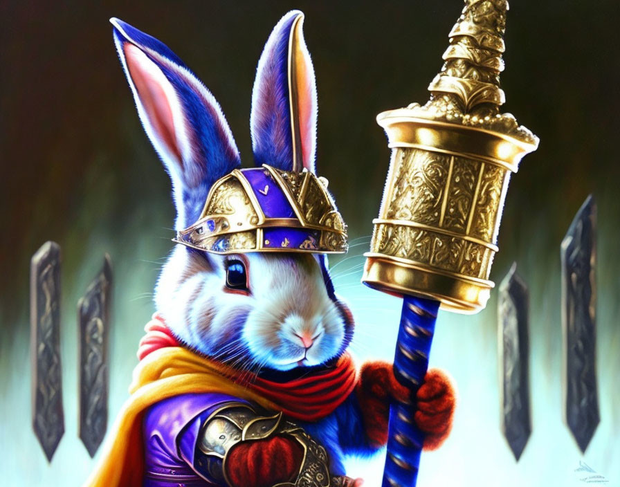 Anthropomorphic rabbit in medieval armor with ornate sword and floating shields