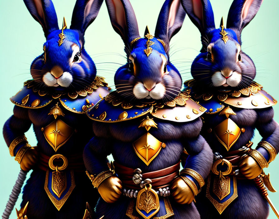 Three anthropomorphic rabbits in medieval armor on teal background.