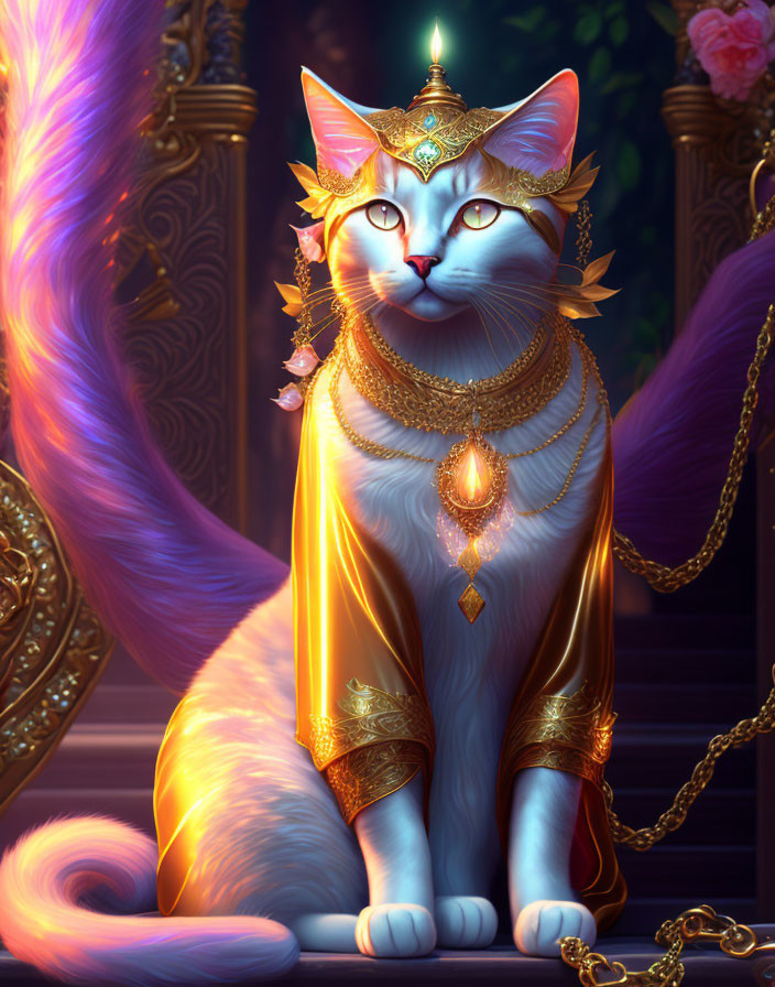 Regal cat with golden jewelry and crown in luxurious setting