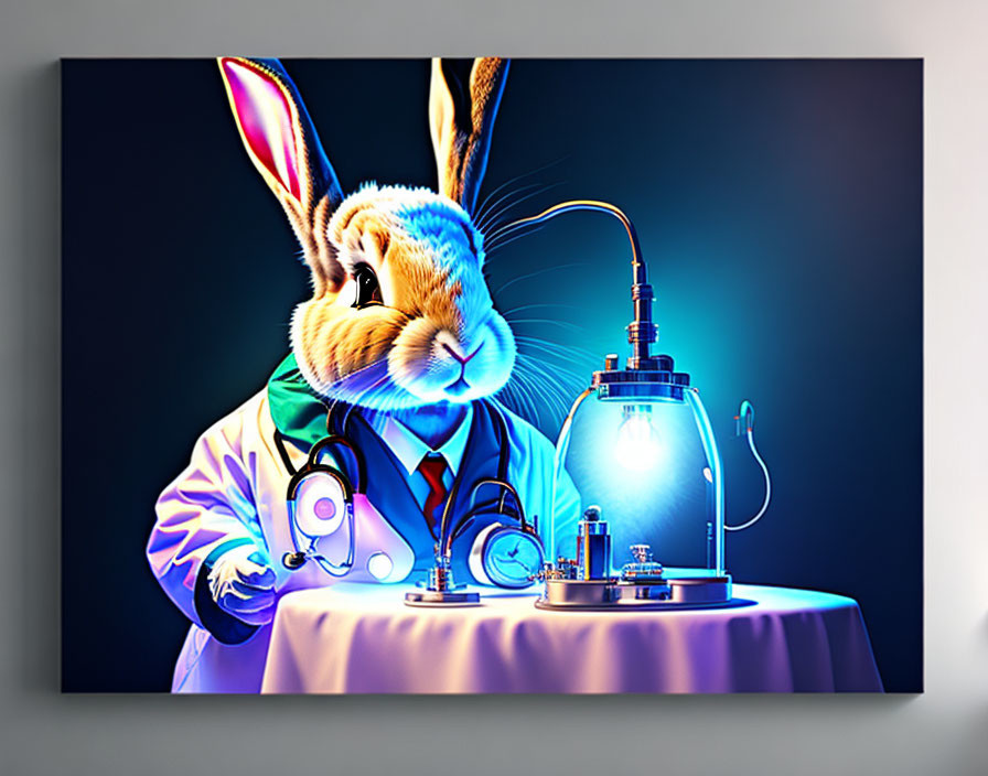 Whimsical rabbit in lab coat and stethoscope conducting experiment